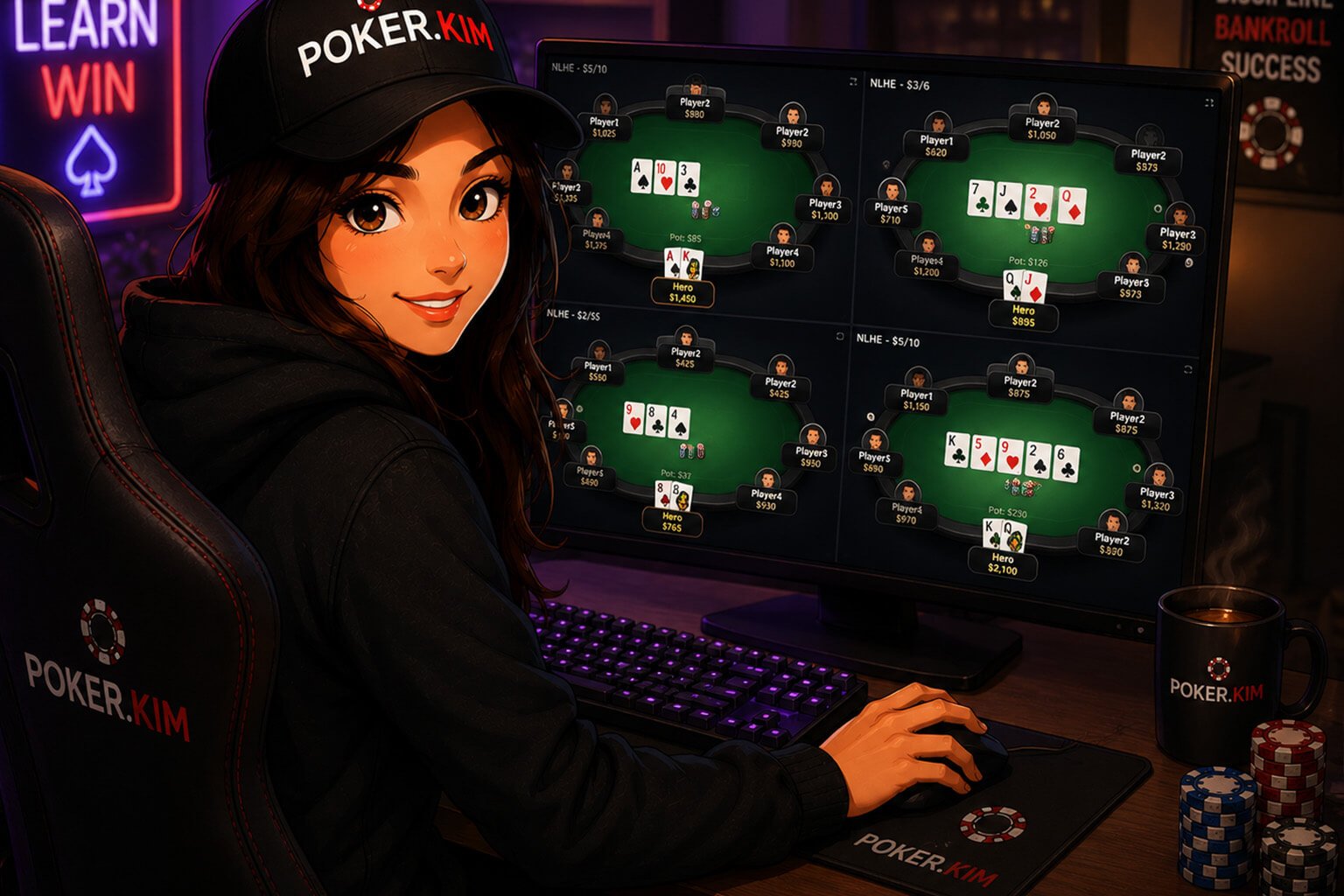 Stylized digital illustration of a young woman wearing a black Poker.Kim cap and black hoodie while playing online poker at a desktop computer in a modern gaming room. She smiles confidently as she uses a mouse and keyboard in front of a large monitor displaying four online poker tables, representing multi-tabling. The desk features a Poker.Kim mouse pad, a branded coffee mug, poker chips, and a gaming chair with the Poker.Kim logo. The background is illuminated by colorful neon lights and poker-themed décor, creating a professional online poker grinding environment.