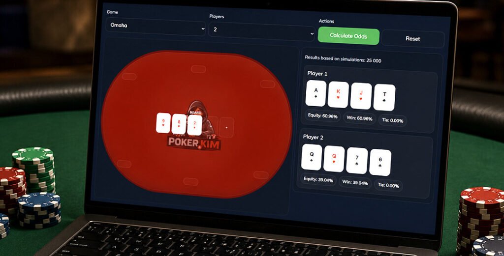 Poker Odds Calculator on a computer screen on top of a poker table
