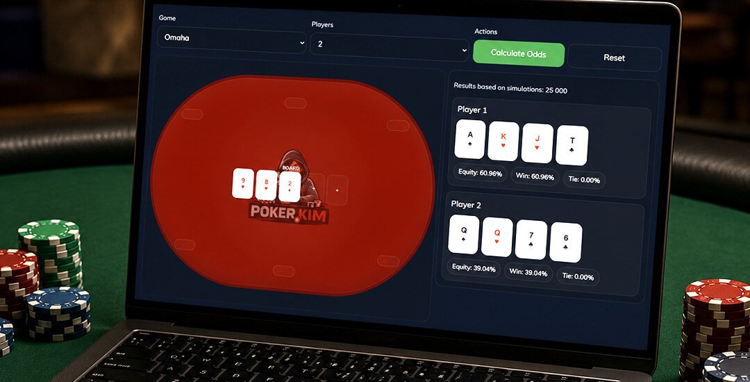 Poker Odds Calculator on a computer screen on top of a poker table