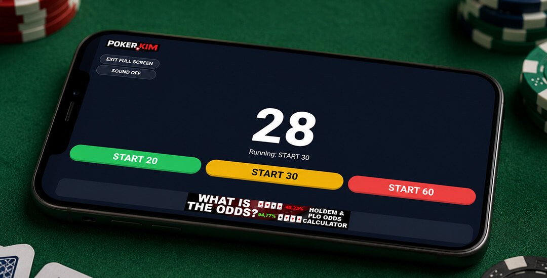 A Poker Shot Clock on a phone display on a poker table