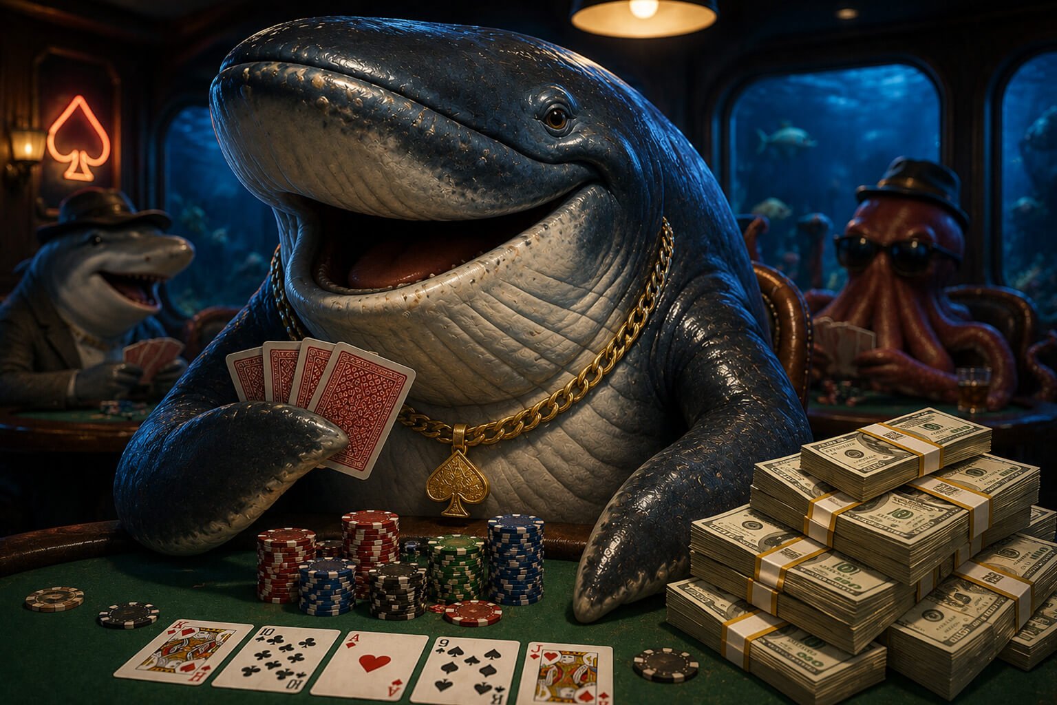 A cheerful anthropomorphic whale wearing a thick gold chain smiles while playing poker at a casino table. The whale holds playing cards in one fin, with large stacks of poker chips and bundles of cash on the table beside it. Other sea creatures play poker in the background, creating a fun and luxurious high-stakes poker atmosphere.