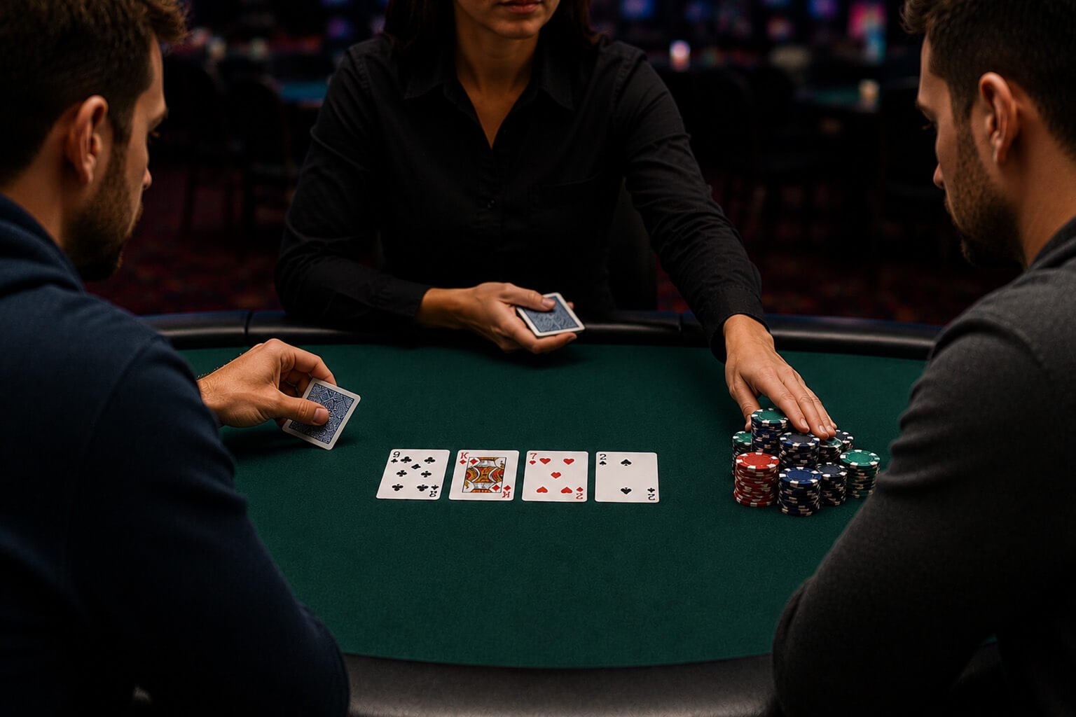 A poker dealer pushes the pot toward the winning player on the right after all action has ended, while the player on the left reaches for the deck to reveal the next community card. Four community cards remain face up on the table, illustrating the concept of rabbit hunting, where players look at what the next card would have been after the hand is already over. The scene is set in a dramatic, softly lit casino environment with poker chips and a green felt table.