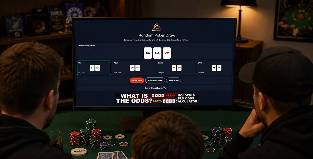 Three poker players watch a large monitor displaying the Poker.KIM Random Poker Draw tool, where community cards and player hands determine the winner of a random poker draw.