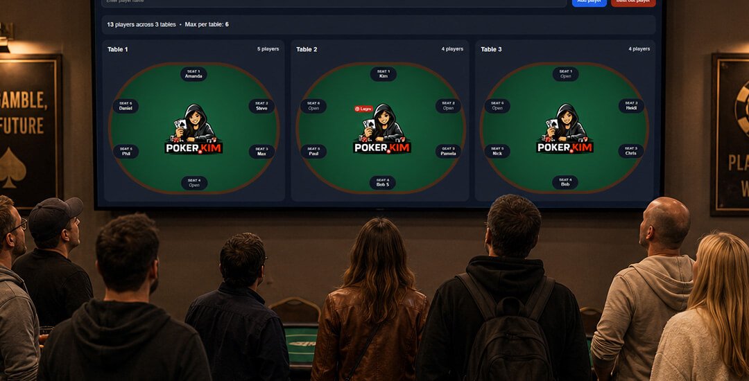 Poker tournament players stand in front of a large screen displaying the Poker.KIM Random Seating Generator, checking their assigned tables and seats before taking their places at the poker tables.