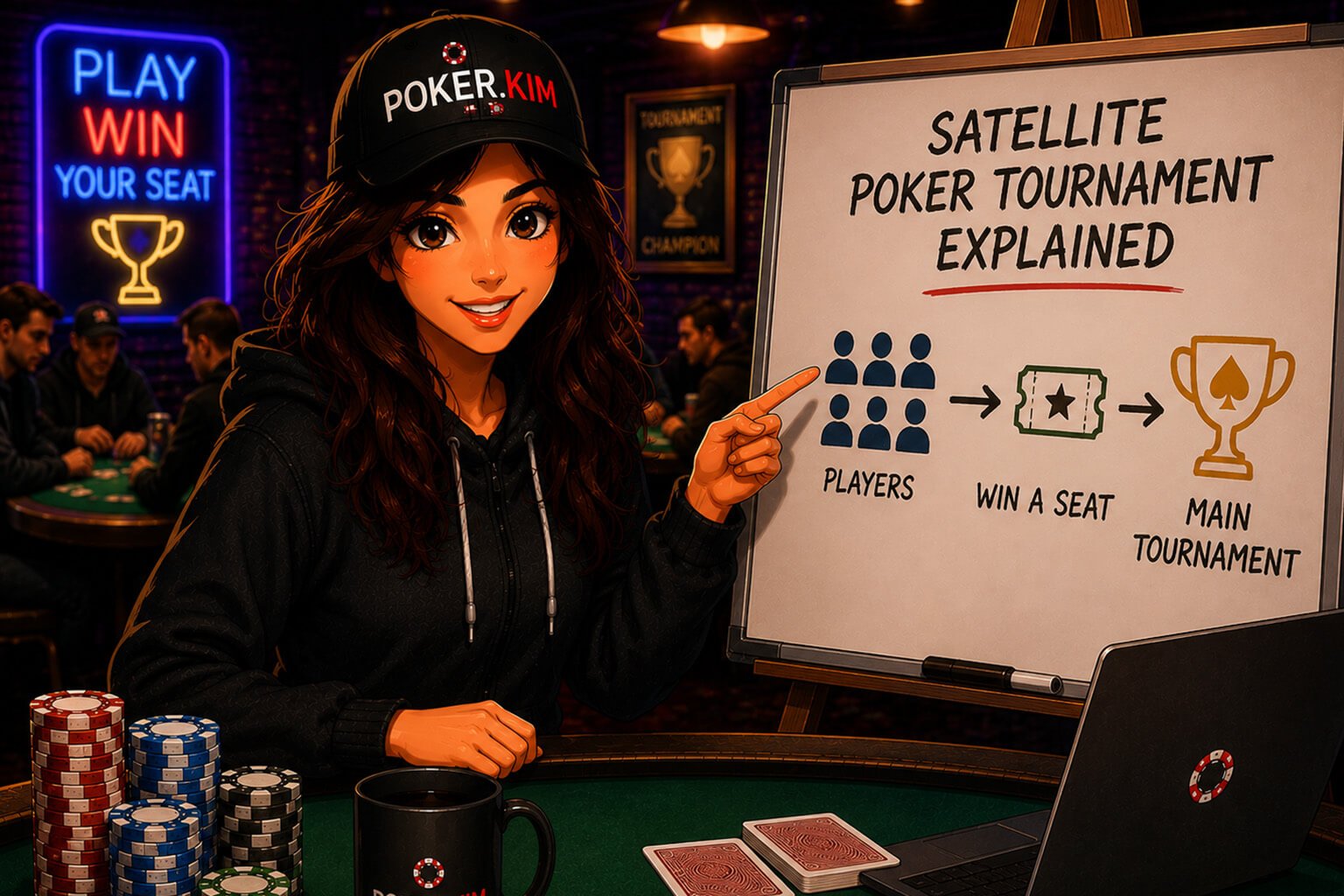 Stylized digital illustration of a young woman wearing a black Poker.Kim cap and black hoodie sitting at a poker table in a colorful casino poker room. She smiles while pointing to a presentation board titled ‘Satellite Poker Tournament Explained.’ The board uses simple icons to show how players compete in a satellite tournament to win a seat in a larger main event. Poker chips, a Poker.Kim coffee mug, a laptop, two face-down playing cards, and a white dealer button are arranged on the table. The background features blurred poker players, warm casino lighting, and colorful neon signs, creating an engaging educational atmosphere about satellite poker tournaments.