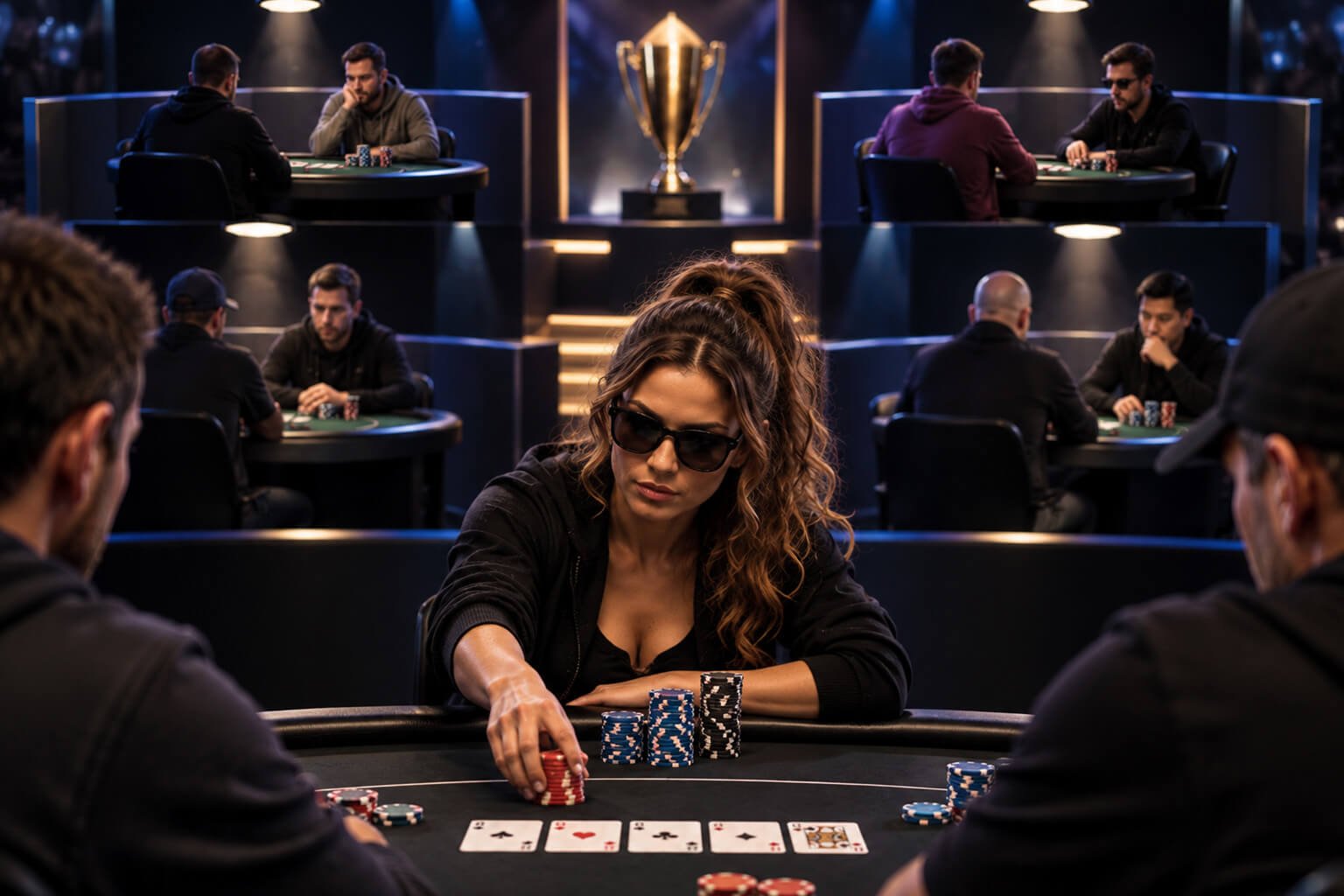 Poker players competing at separate tables in a shootout tournament, with each table playing down to a winner who advances to the next round.