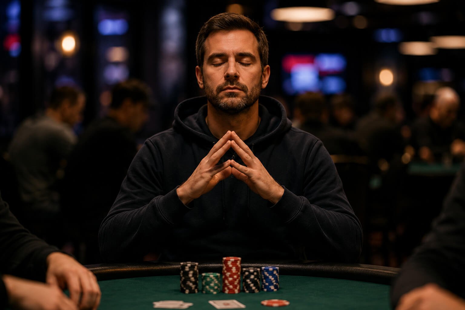 A poker player sits calmly at a green felt poker table with his eyes closed and hands held together in a meditative pose, taking a moment to regain focus before the next hand. Poker chips and playing cards rest in front of him, while other players are softly blurred in the background, creating a peaceful contrast to the intense casino atmosphere.