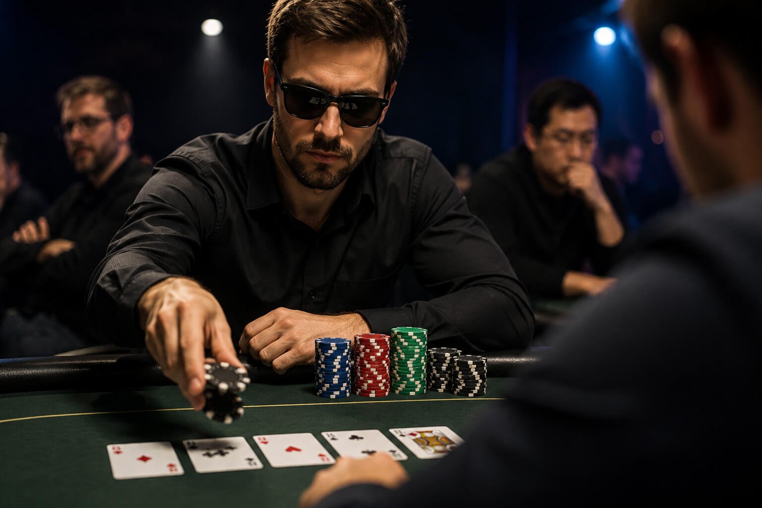 Tight-aggressive poker player confidently betting chips at a casino table while carefully choosing his hands.