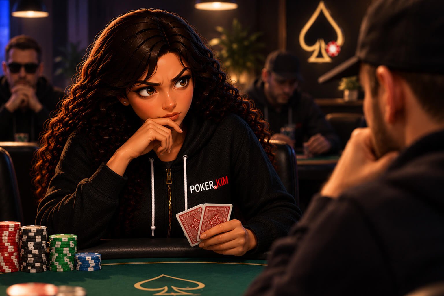 Illustration of a woman in a black Poker.kim hoodie sitting at a poker table and carefully studying an opponent for possible poker tells, with playing cards and stacks of poker chips in front of her.