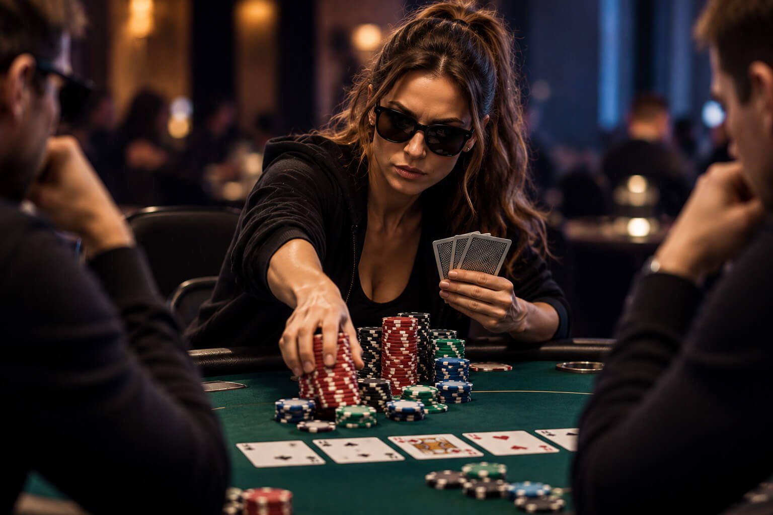 Female poker player confidently pushing a large stack of chips into the pot, illustrating aggressive play at the poker table.
