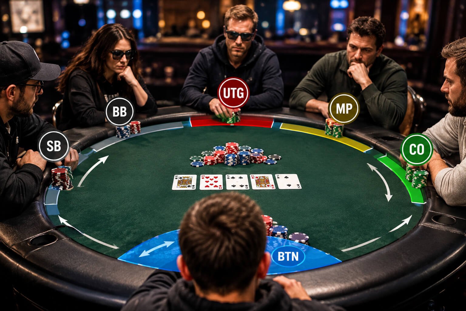 Poker players seated around a casino table in different positions, illustrating how table position influences decisions and strategy in poker.