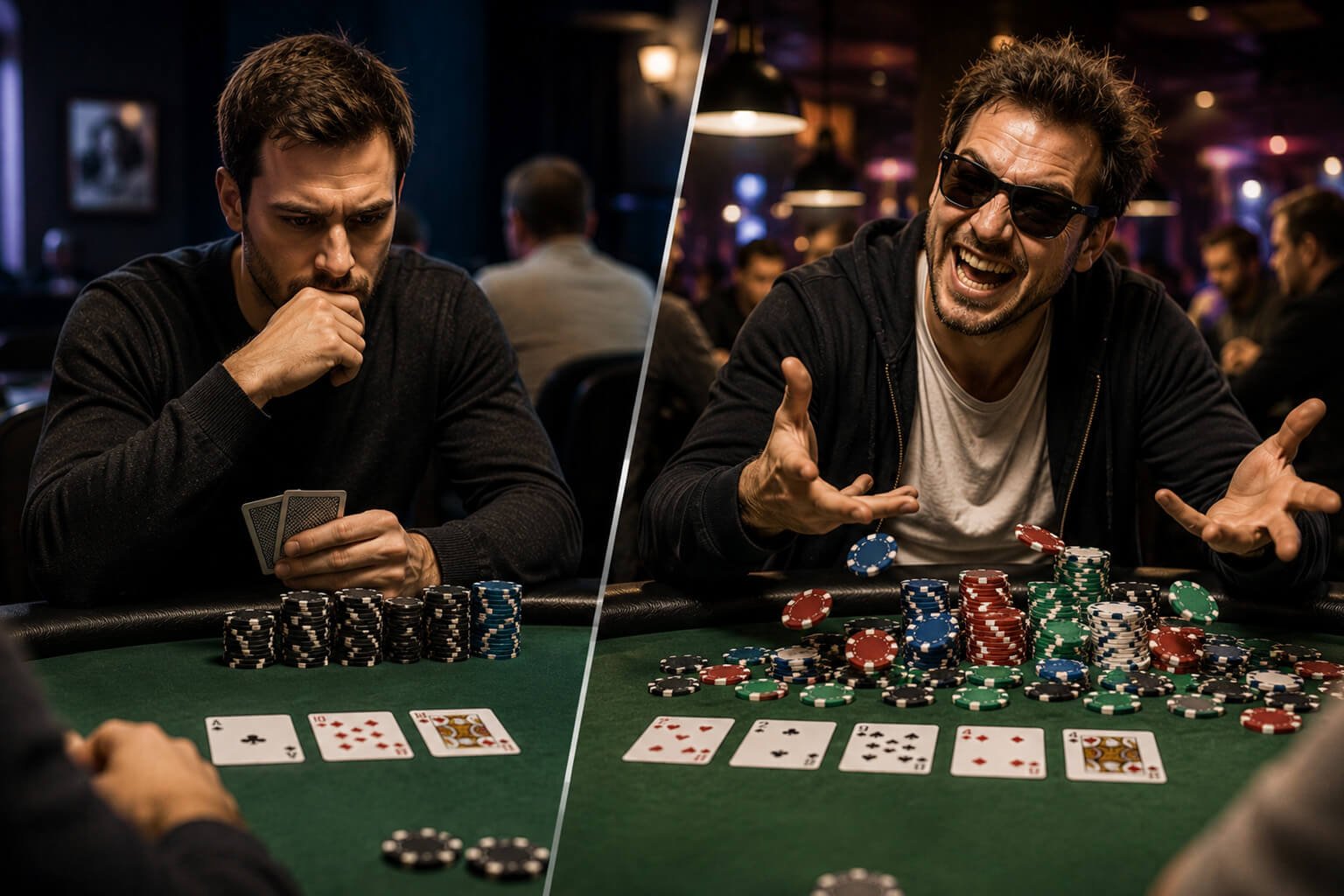 Split-screen poker scene showing a cautious tight player with neatly stacked chips and a more active loose player with chips spread across the table.