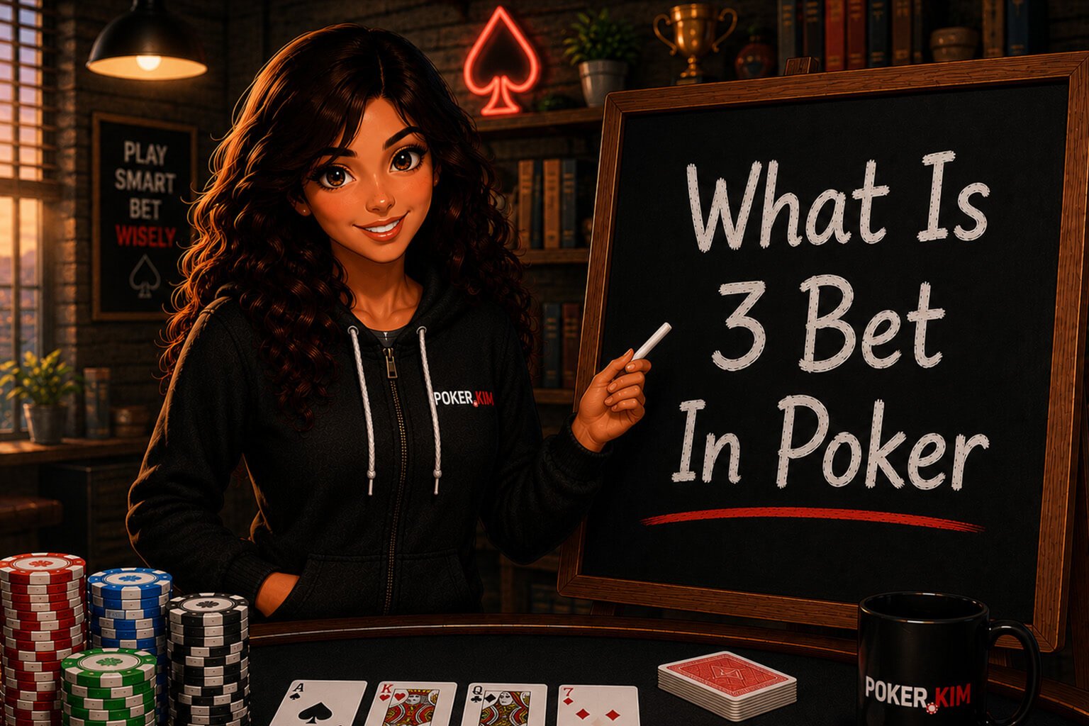 Stylized digital illustration of a smiling young woman with long curly dark hair wearing a black Poker.Kim hoodie standing beside a classroom-style chalkboard in a modern poker study room. She holds a piece of chalk while pointing to the board, which displays the title ‘What Is 3 Bet In Poker’ in large white lettering. In front of her are stacks of colorful poker chips, four face-up playing cards, a deck of cards, a white dealer button, a Poker.Kim coffee mug, and a poker table with Poker.Kim branding. The room features bookshelves, warm lighting, poker-themed décor, and a cozy study atmosphere, creating an inviting educational setting for learning about 3-betting in poker.