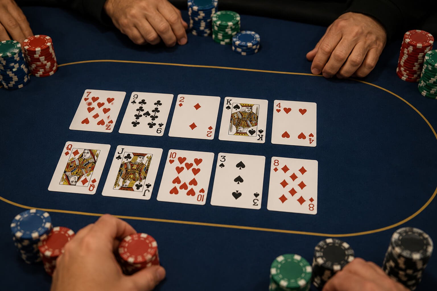 Poker table showing two complete five-card boards laid out in two rows, illustrating the “run it twice” concept, with poker chips and players’ hands around the table.