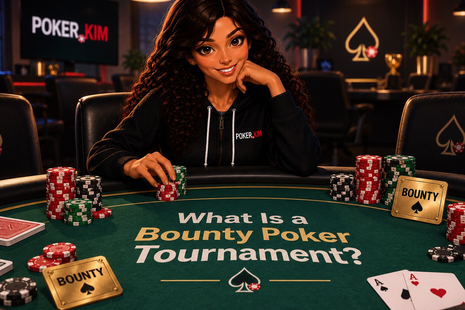 Illustration of a woman in a black Poker.kim hoodie sitting at a poker table with chips, playing cards and bounty markers, with the text “What Is a Bounty Poker Tournament?” displayed on the table.