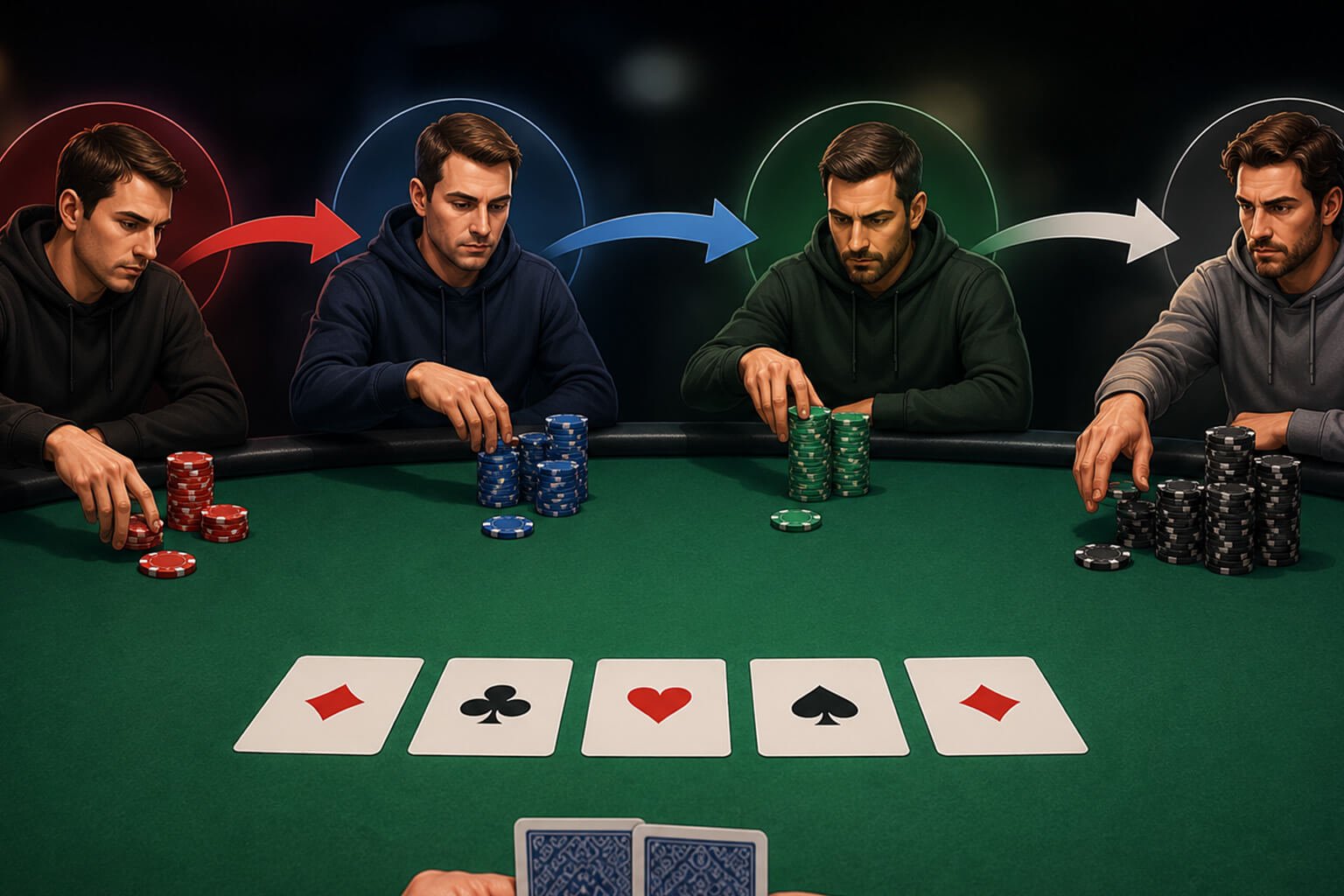 An illustrated poker table shows four players making increasingly larger preflop raises, with colored arrows connecting each action to represent the betting sequence that leads to a 4-bet. Poker chips, community cards, and a player's hole cards are visible on the green felt, creating a clear visual explanation of the escalating betting action in Texas Hold'em.