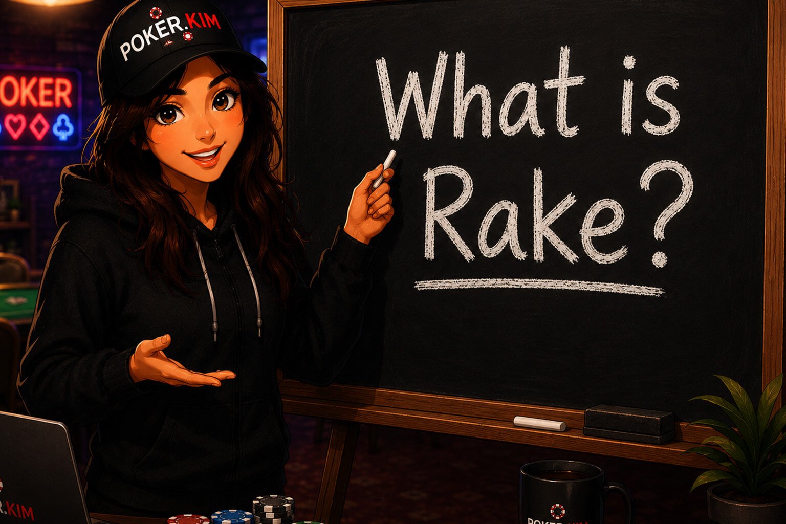 Stylized digital illustration of a young woman wearing a black Poker.Kim cap and black hoodie standing beside a classroom-style chalkboard in a poker-themed room. She smiles while pointing at the board, which reads ‘What is Rake?’. A piece of chalk is in her hand as she introduces the poker concept. The scene includes stacks of poker chips, a Poker.Kim coffee mug, a laptop with Poker.Kim branding, and a blurred casino background with warm lighting and poker tables, creating an inviting educational atmosphere for learning poker strategy