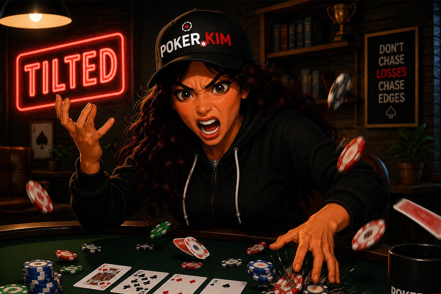Stylized digital illustration of a young woman wearing a black Poker.Kim cap and black hoodie sitting at a poker table in a dramatic poker room. She is visibly on tilt, shouting in frustration as poker chips fly through the air and cards scatter across the table after a bad beat. Her angry expression, raised hand, and forceful gesture clearly convey emotional loss of control. The table features Poker.Kim branding, colorful poker chips, community cards, and a Poker.Kim coffee mug. In the background, a glowing red ‘TILTED’ neon sign and warm lighting create an intense atmosphere that illustrates the emotional impact of tilt in poker.