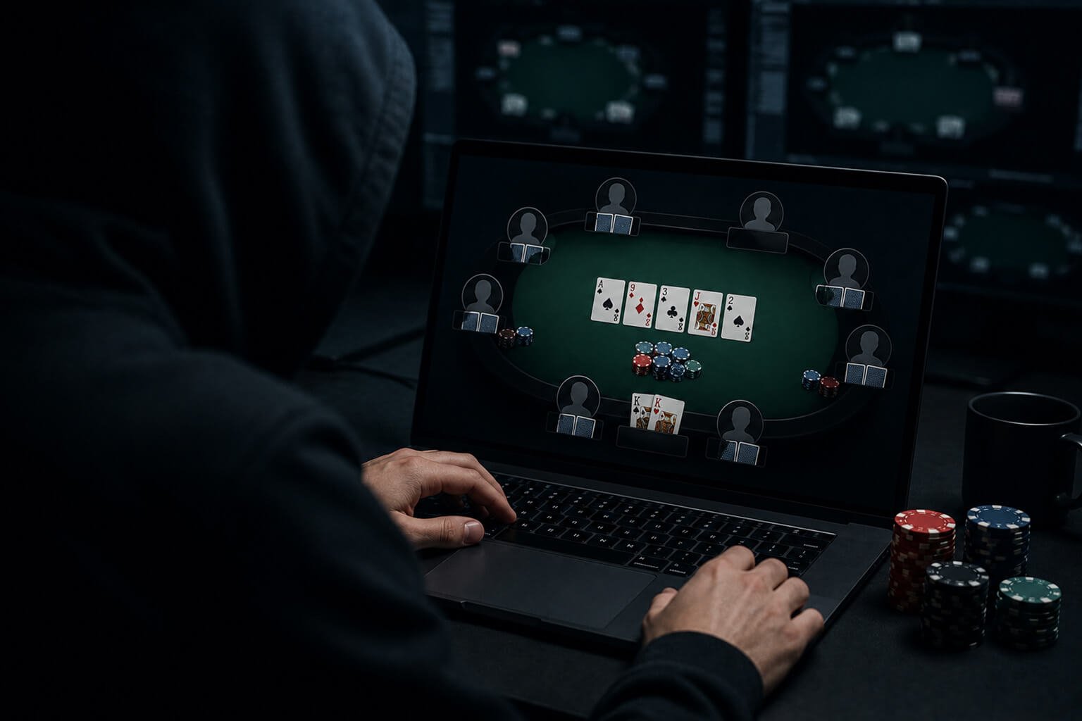 A hooded online poker player sits at a laptop displaying an anonymous poker table where all opponents are represented by generic silhouette icons instead of usernames or avatars. Poker chips rest beside the computer, and the dark, cinematic lighting emphasizes the privacy and mystery of anonymous online poker games.