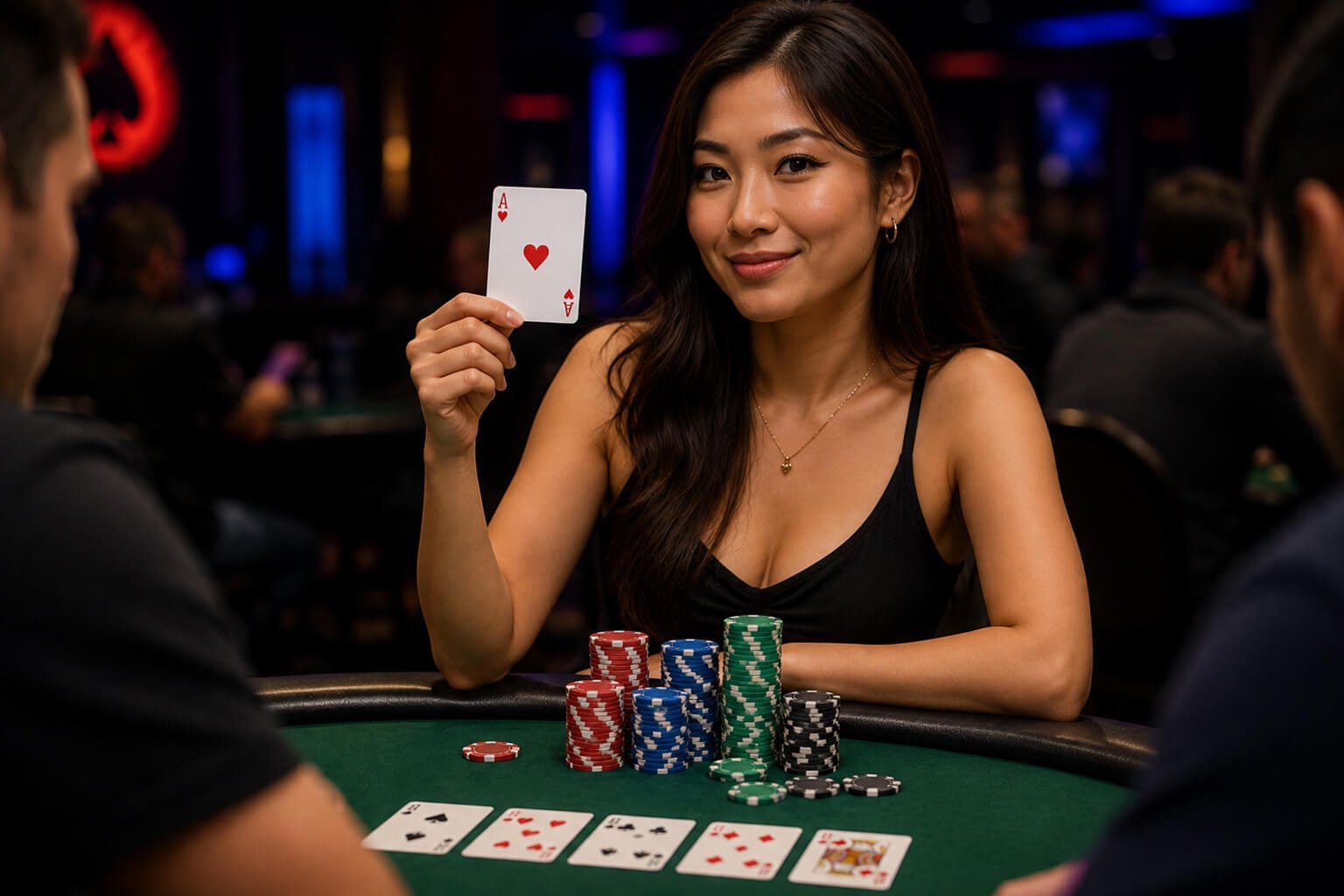 A smiling Asian woman sits at a green felt poker table, confidently holding up the Ace of Hearts while colorful stacks of poker chips are arranged in front of her. Two opponents are softly blurred in the foreground, and community cards lie on the table, creating a realistic casino atmosphere that highlights the excitement of being dealt a premium poker card.