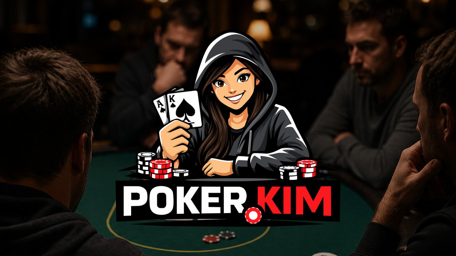 People playing poker in background, Poker.kim logo in foreground