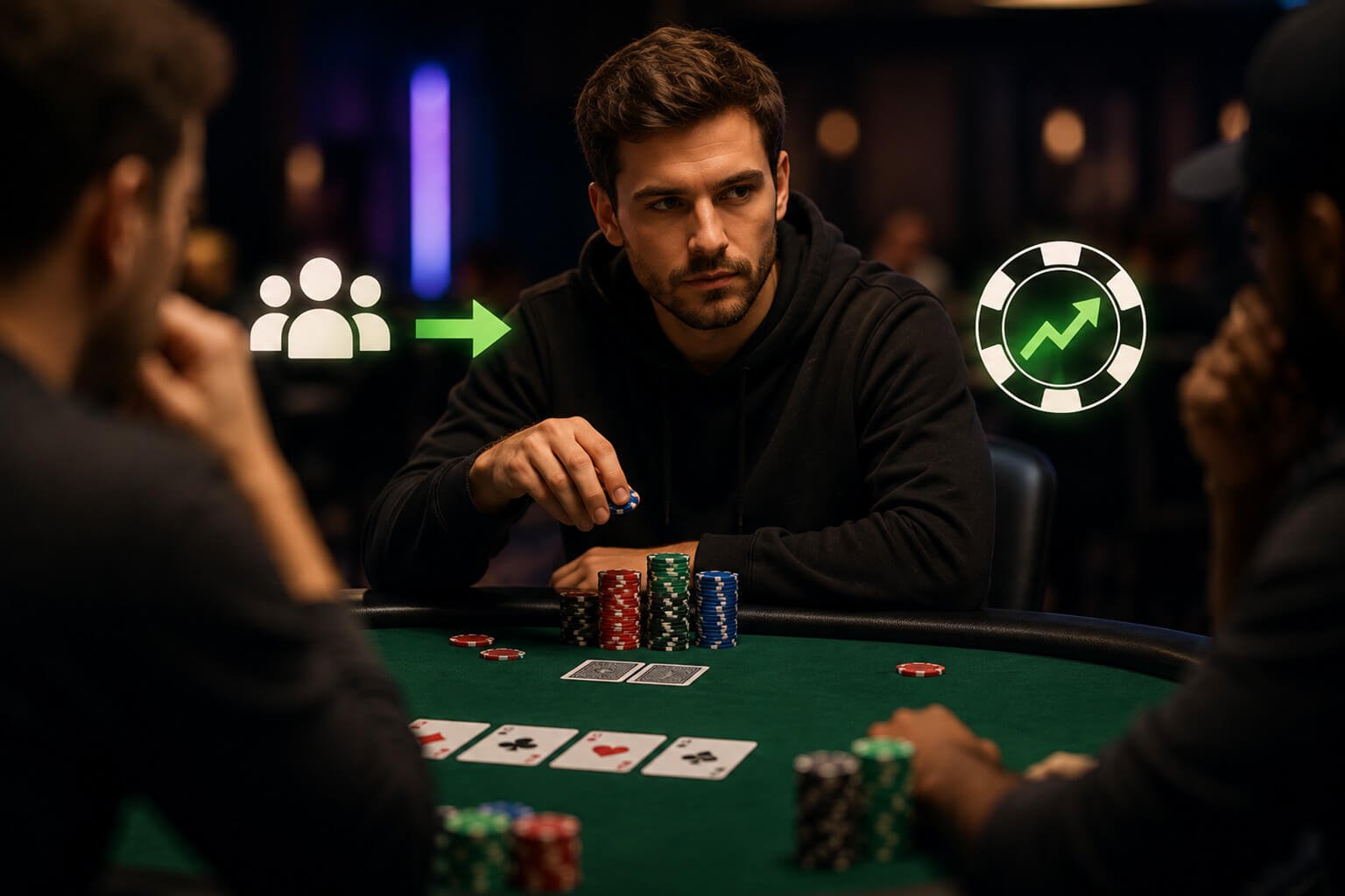A focused poker player sits at a green felt poker table, preparing to make the first preflop raise while opponents watch closely. Simple graphical icons highlight the player's aggressive opening action and its statistical significance, illustrating the poker statistic PFR (Preflop Raise). Colorful poker chips, community cards, and a softly blurred casino background create a realistic tournament atmosphere.